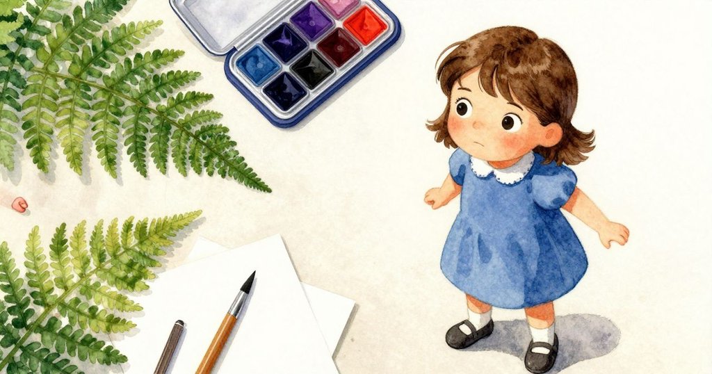 從上方俯視工藝台，Zara小心擺放蕨葉和墨水盒，報紙零散散落，營造出專注的工作情境