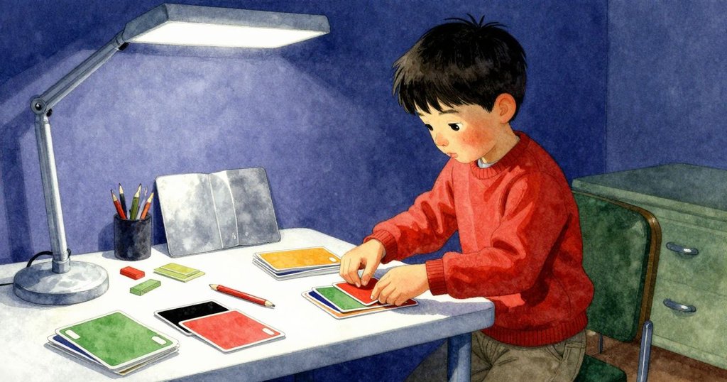 在另一房間，Ives專注整理各色卡片，室內光線柔和，展現出創意與秩序的工藝空間