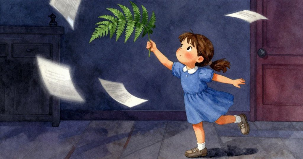 風起時，Zara快速接住快要掉落的蕨葉，報紙隨風飛舞，畫面緊張而充滿動感