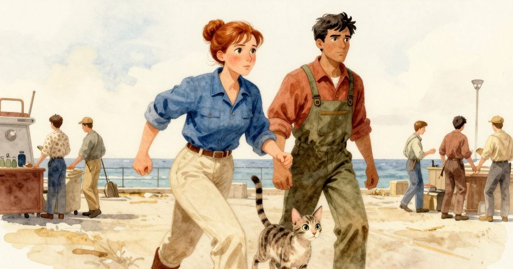 在熱鬧碼頭,Katia推著冰黃色箱子,Cole穩住鍋具,Harbor Cat穿梭於工人間,背景有海浪與鷗群,充滿活力