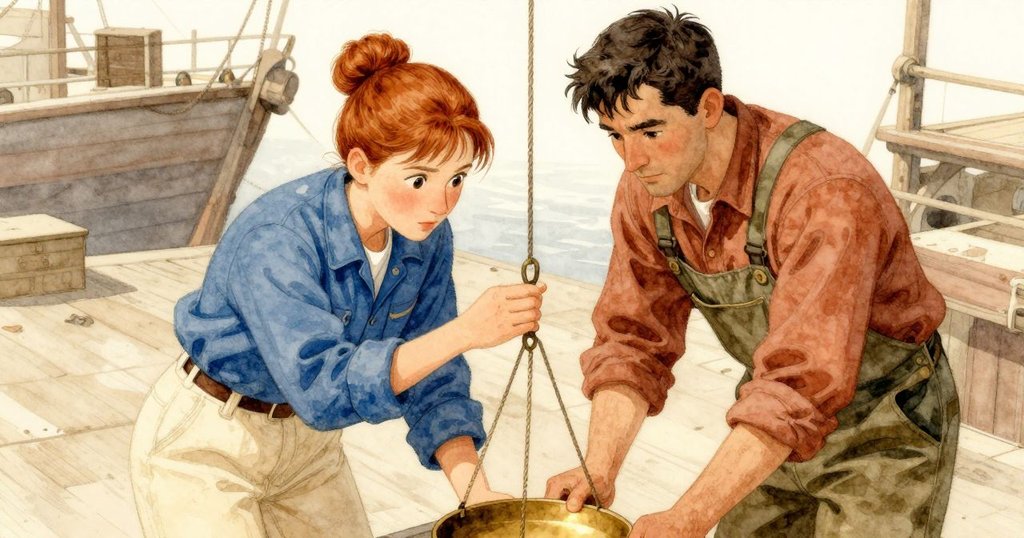 高角度鏡頭拍攝Katia與Cole正檢查刻度,兩人身形俯瞰工具,周遭充斥著蒸汽與機械設備的氛圍