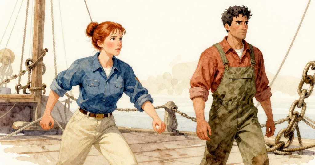 利用不尋常角度描繪碼頭中纏繞的繩索與鏈條,Katia與Cole隱約出現,場景呈現幾何抽象美感