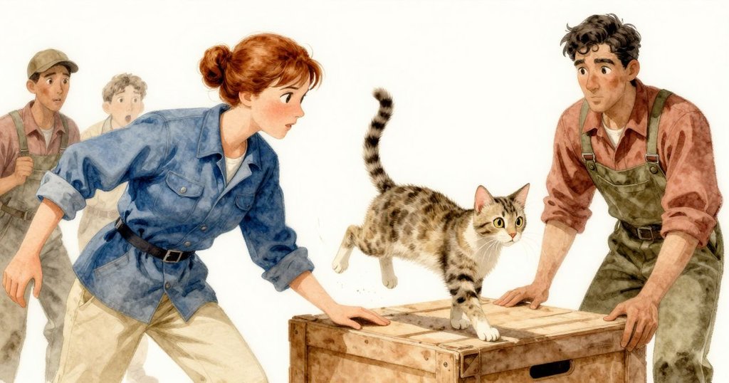 Harbor Cat突然跳上箱蓋,Katia與Cole驚訝地注視刻度指針變動,現場氣氛充滿緊張與立即反應