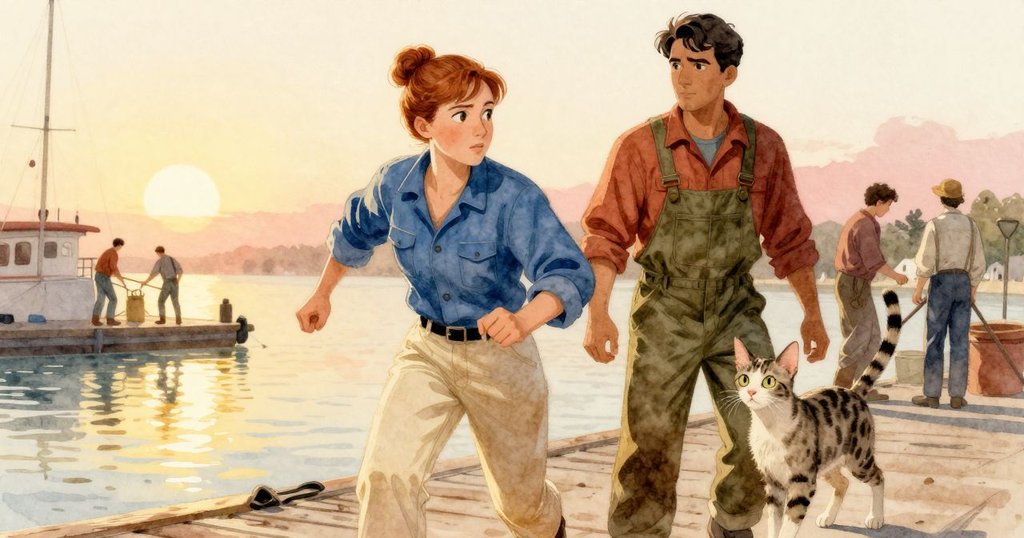 黃昏時分,Katia與Cole於碼頭燃油泵旁互換位置,夕陽灑金光,Harbor Cat緩步跟隨,氛圍溫暖寧靜