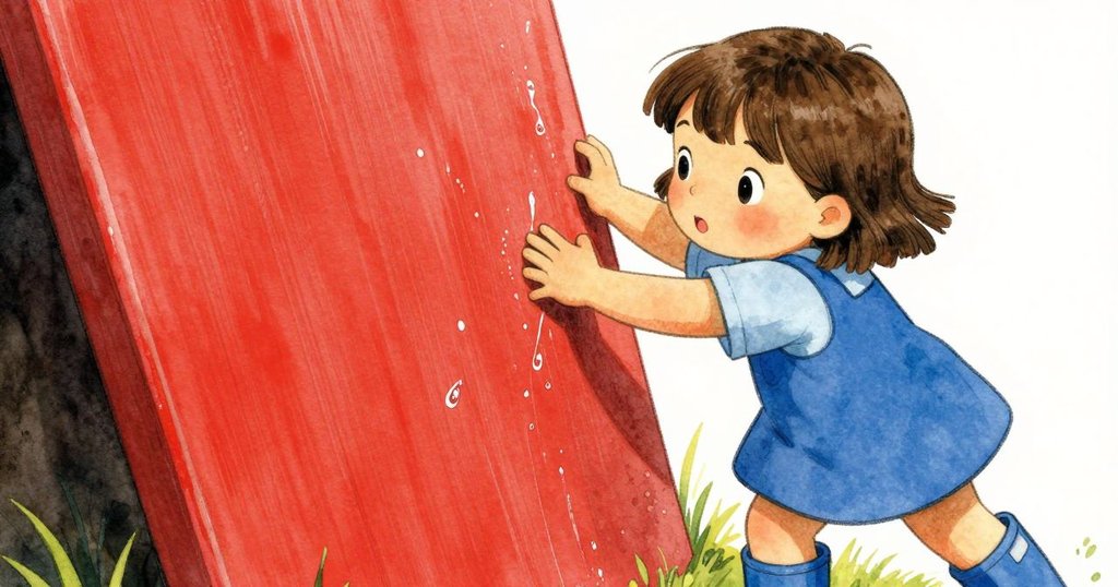 從視角看見Thea的手正用力推動濕潤木板，水花四濺，感受緊張與決心，背景隱約呈現花園景致