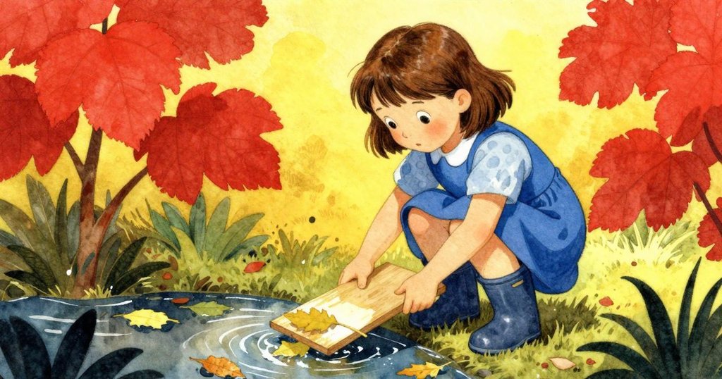 Thea手持備用木板清除堵塞水車的濕葉，隱藏的渠道角落中展現專注與勤奮，場景充滿生氣