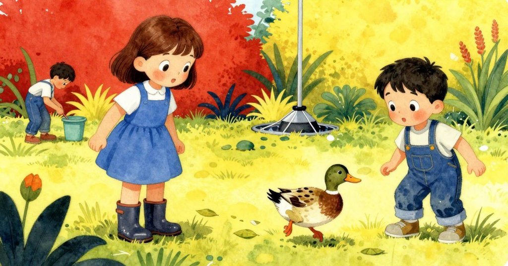 驚慌的斑點鴨高高躍起散落濕葉，Rafael在背景測量灌溉深度，Thea執行任務，場景充滿活力