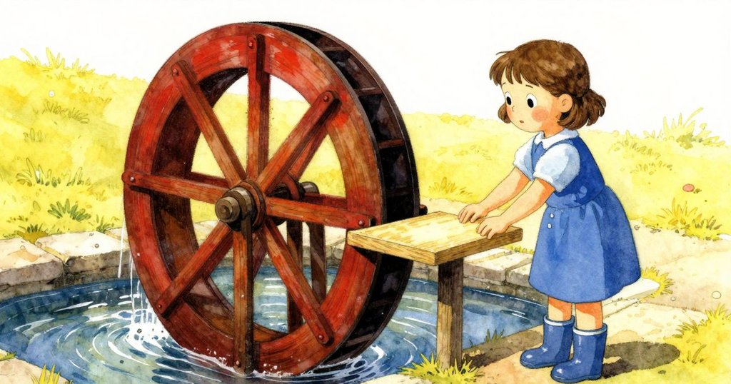 水車恢復平穩旋轉，Thea調整木板滿懷成就感，花園全景展現和平與恢復，畫面充滿溫暖