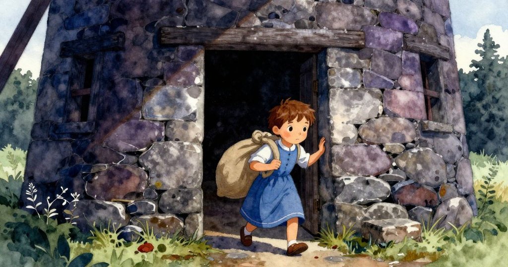 Lana在黎明進入古老麵粉廠，手拿濕布袋，石牆木桌映出溫柔光影，展現期待心情。