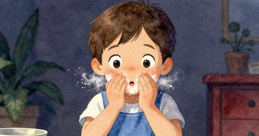 Lana近景展現驚喜神情，面頰與袖子沾上淡粉，室內背景模糊，展現溫暖細節。