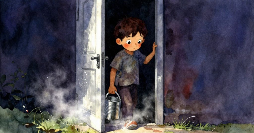 油罐撞擊敞開門時，水文學家踏入麵粉霧中，映出反射光影，神情中帶些疑惑。