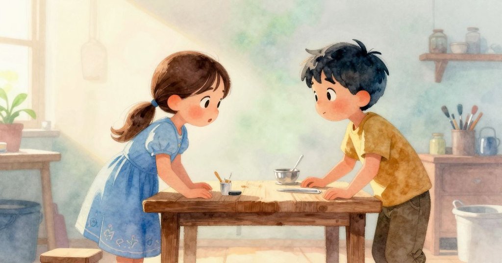 Sylvie與Rafferty在晨霧彌漫的工作室中探究桌上物品，臉上流露出充滿好奇與期待的神情