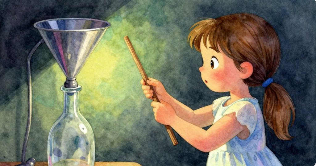 Sylvie在工作桌旁對比不同木棒，細看金屬漏斗與玻璃瓶，神情專注且充滿探索欲