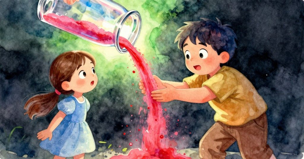 鐵紅色沙子從金屬漏斗傾瀉入透明瓶中，沙粒有序墜落並形成不均堆疊，呈現動感畫面