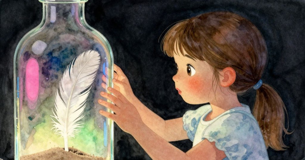 Sylvie用手指輕觸玻璃瓶上羽毛般的沙痕，眼中閃爍著驚奇與沉思，營造出一種神秘的結局