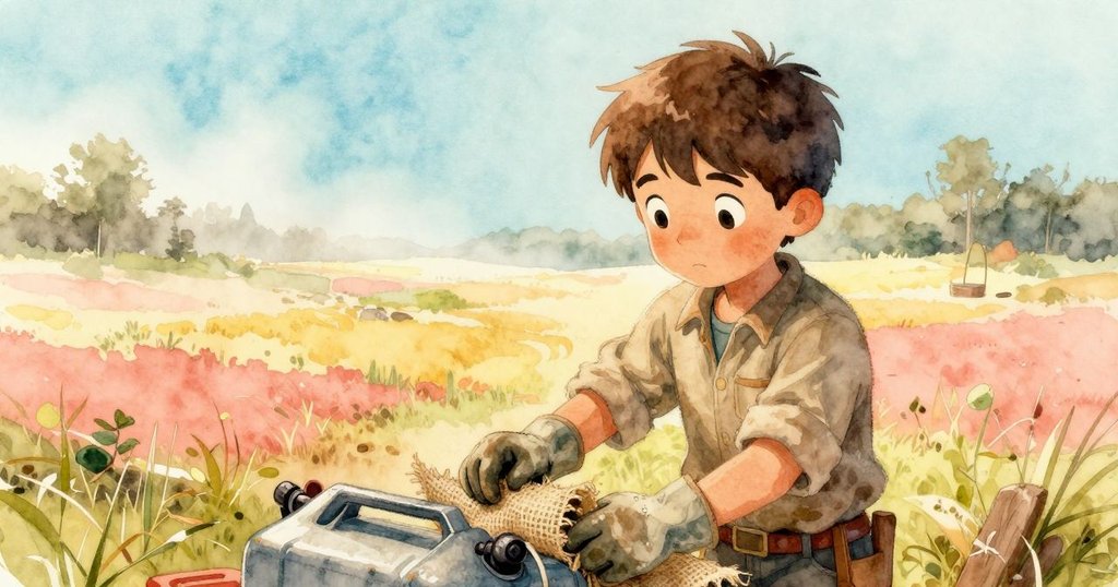 Hadley 正在薄霧中準備燃煙器，清晨的柔光映照下，他仔細折疊布片，展現專注與溫暖的工作氛圍。