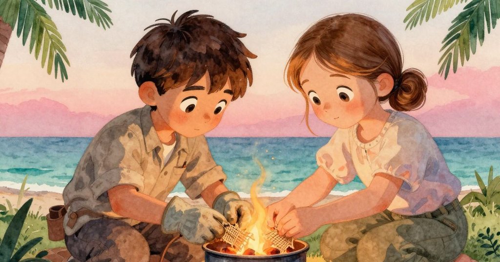 Hadley 的手正折疊布片放入金屬室，溫暖火光映出細膩質感，展現出轉變與奇妙的氛圍。