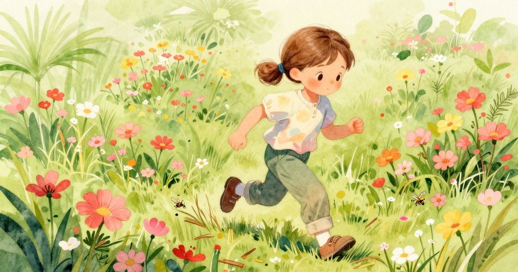 Clara 在花田邊緣快步奔跑採集松針，蜜蜂在她靴周圍飛舞，展現出充滿活力和自然之美的場景。