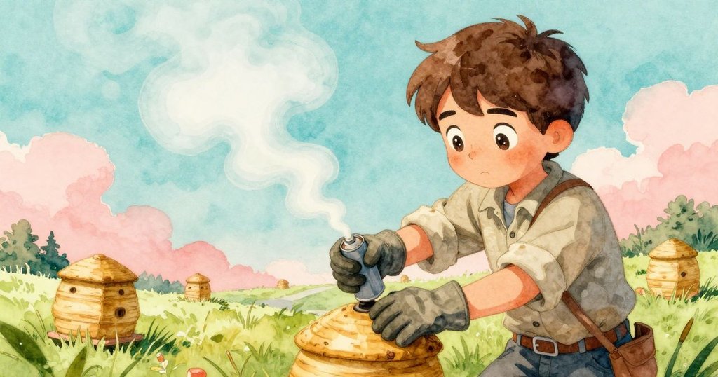 Hadley 正在調整器具以對抗突來的風，煙霧順勢飄過蜂巢頂部，展現出動作與自然相互作用的瞬間。