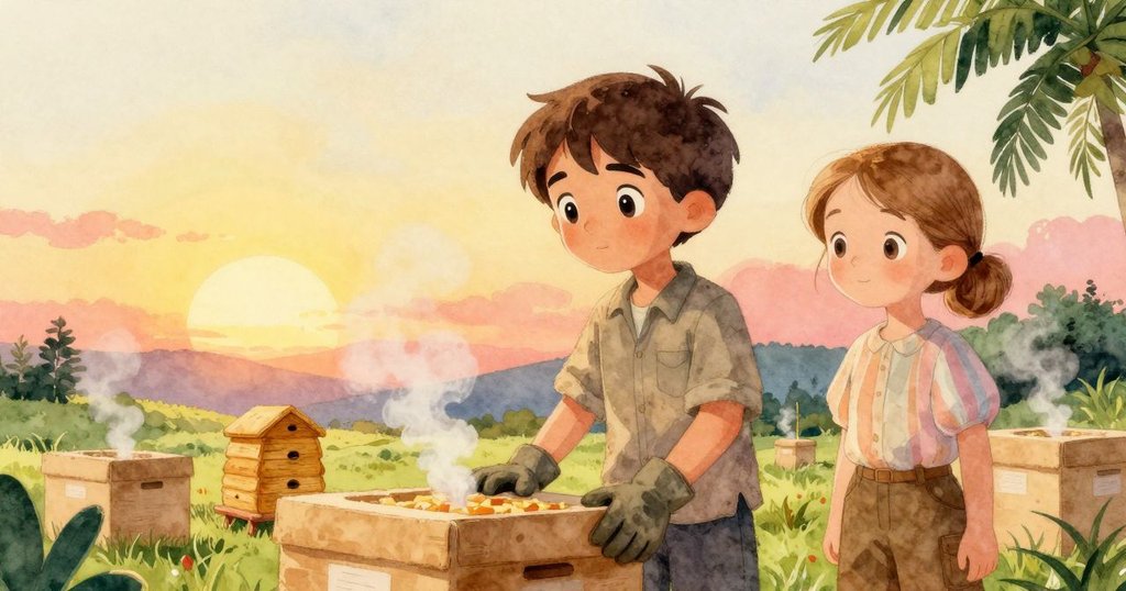 Hadley 與 Clara 站在蜂箱後，共同凝視著在夕陽下緩慢上升並融合成畫般煙霧，象徵著和諧與平靜的結局。