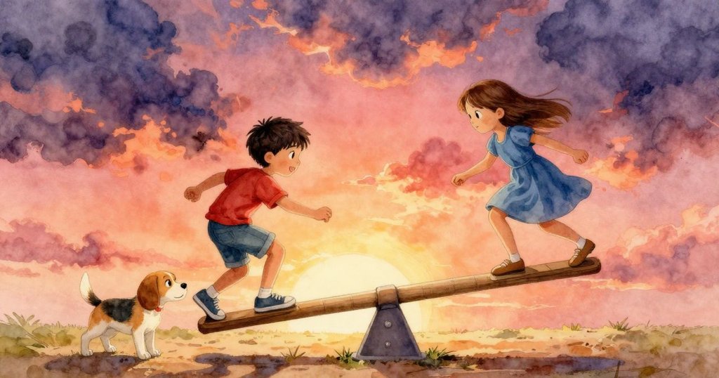 海利斯與六月在戶外木製鞦韆上互動玩耍，旁有小獵犬，背景天空昏暗，氣氛緊張而期待