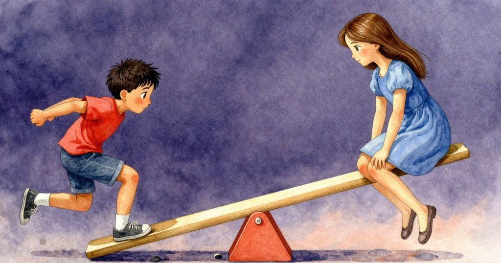 海利斯與六月各自動作調整鞦韆平衡，一邊升高一邊放置石子，背景光影交錯，充滿活力