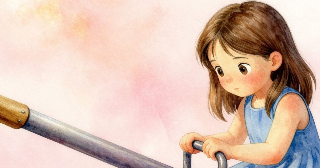 六月專注觸摸鞦韆支點處帶油污的螺栓，細節豐富展現木材紋理與金屬光澤，盡顯探索心情