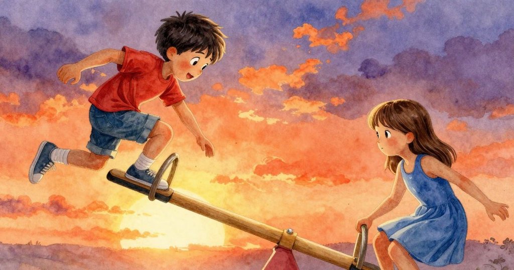 六月決心滾動最後一顆石子，而海利斯則靠近支點穩固身體，動作果斷，背景夕陽映照搖擺鞦韆