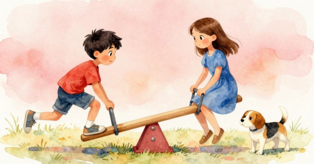 海利斯與六月在平衡鞦韆上手牽手慶祝，旁邊小獵犬安靜陪伴，場景溫暖寧靜，充滿完成挑戰的喜悅