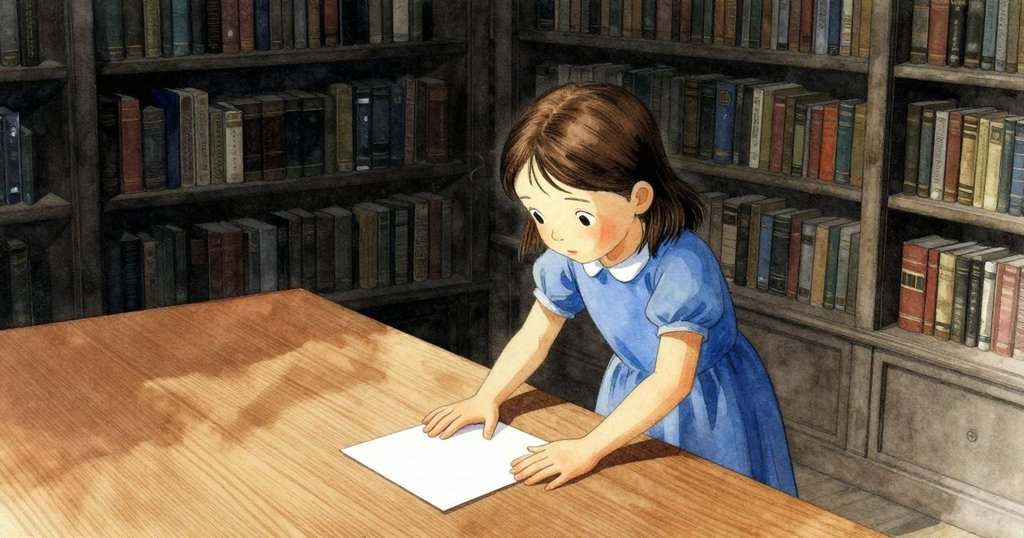 Nell在圖書館中輕輕按壓卡片，開始創作，桌上擺放著幾件工具，光線溫暖且充滿故事感