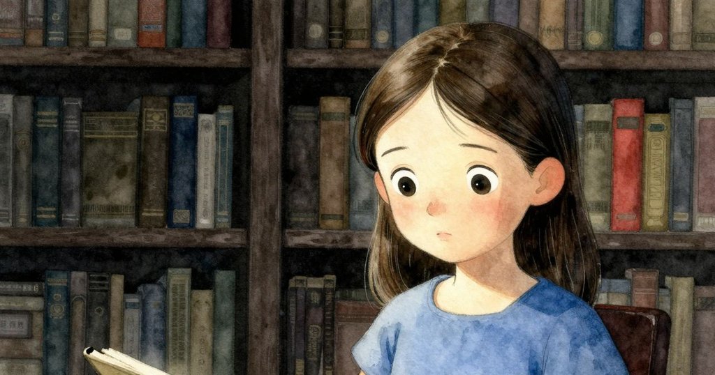 Nell專注地注視著她的畫作，眼中充滿好奇和堅持，背景為溫暖的圖書館內景