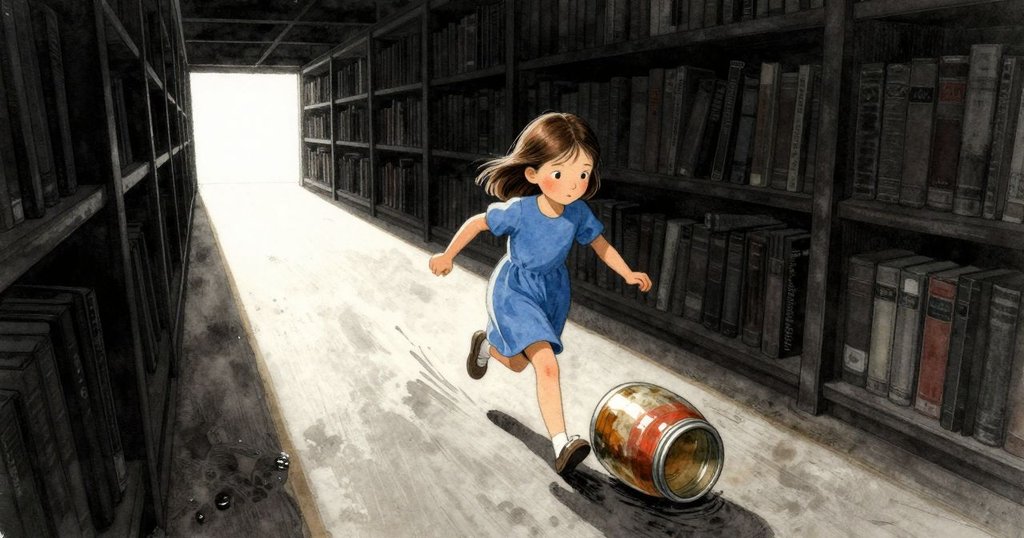 Nell在圖書館中追趕滾動的瓶子，從高處俯視展現她緊張而迅速的身影，地板上留有水跡