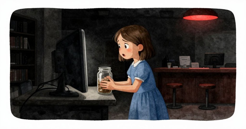 圖書館內，隨著關閉時間臨近，Nell緊握瓶子，PA揚聲器微弱發光，營造出一種緊張與期待的氛圍