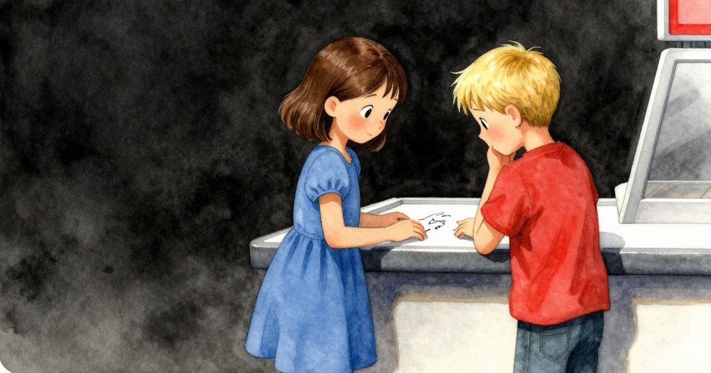 在借閱櫃檯，Nell與Everett細緻檢視被水彩染出的書籤，彼此交流著希望，暗示故事將繼續展開