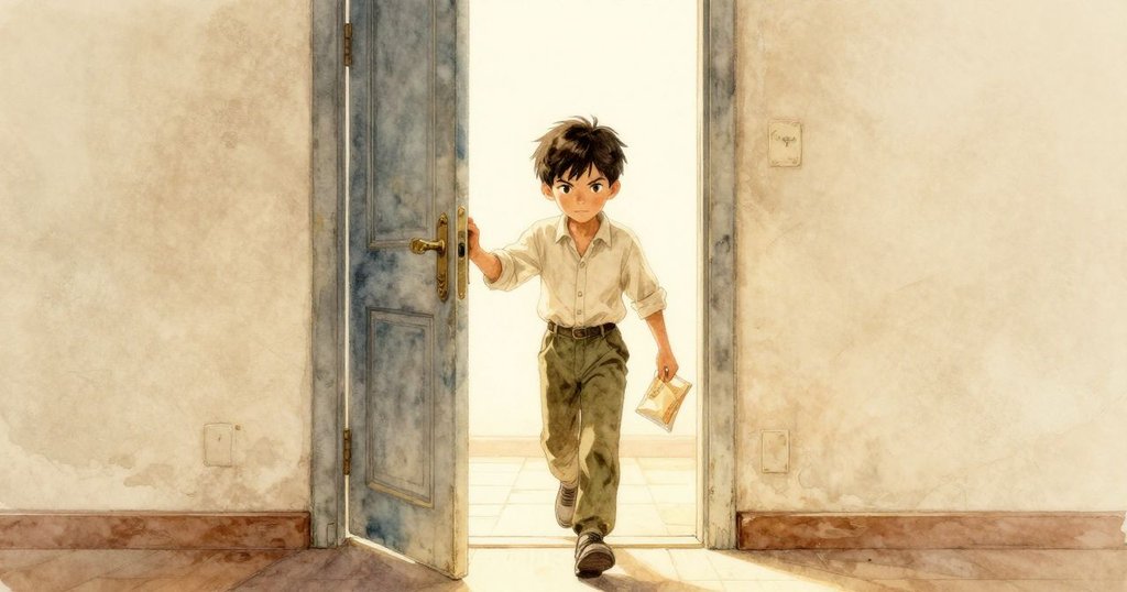 奧托提著文件包走向明亮走廊,從教室走出時表情堅定,陽光灑落展現新希望與挑戰。