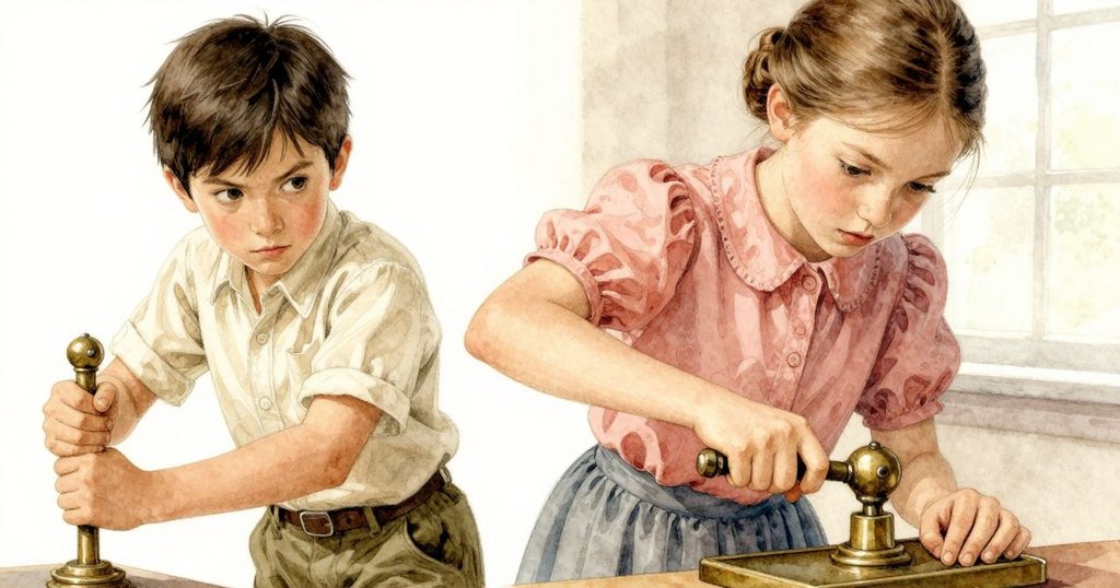 奧托的手正努力按下打孔器的把手,細節展現工具與文件的互動,充滿挑戰與專注的氛圍。