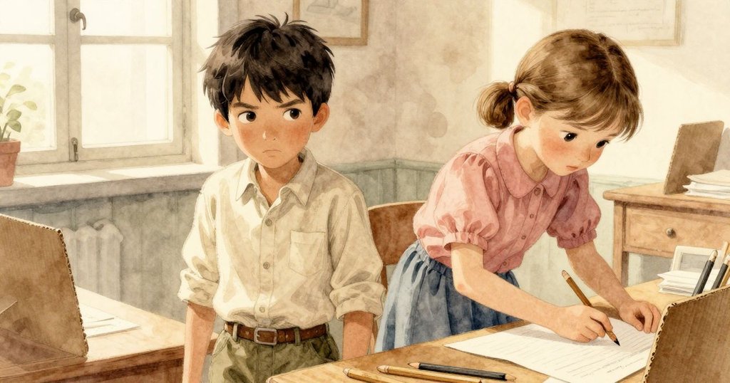 傾斜視角展現雜亂桌面,奧托細心分揀文件,遠處海倫娜正專注整理紙板隔板,互動充滿故事性。