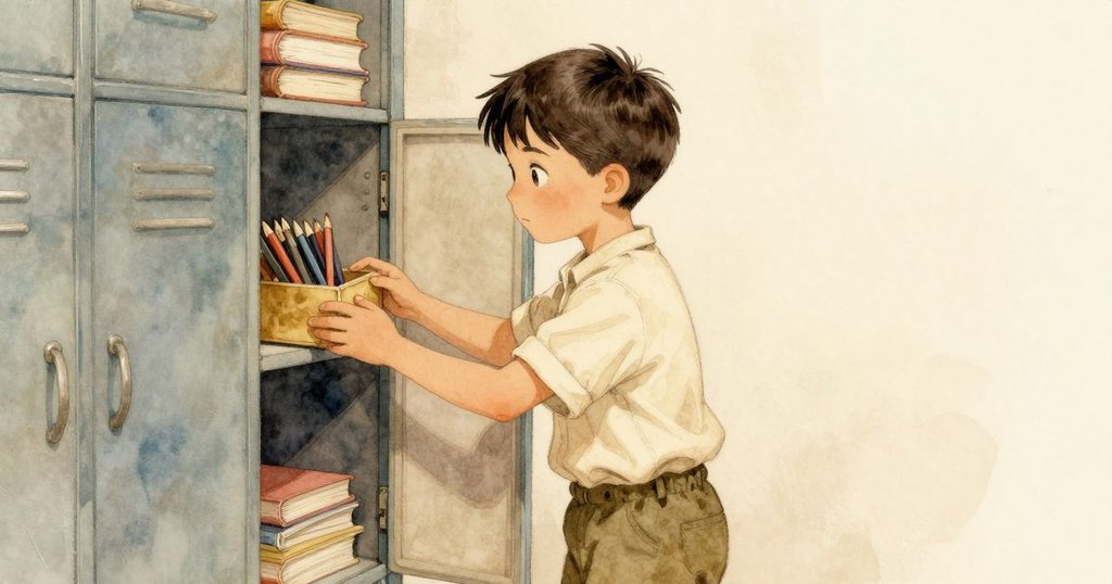 奧托抱著空鉛筆盒走向半開的文具櫃,柔和光線中展現教室隱藏角落與探索精神。