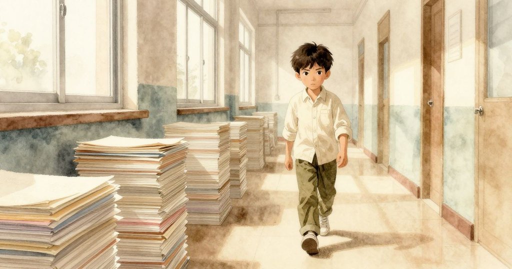 奧托微笑著走離教室,整齊打孔的文件靠窗排列,鐘聲響起象徵時間變遷,呈現解決問題的成功。