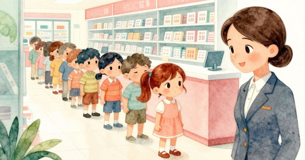 利用扭曲透視效果呈現藥局隊伍重組，旺達驚訝站立，數位顯示屏數字轉變混亂，營造出緊張氛圍