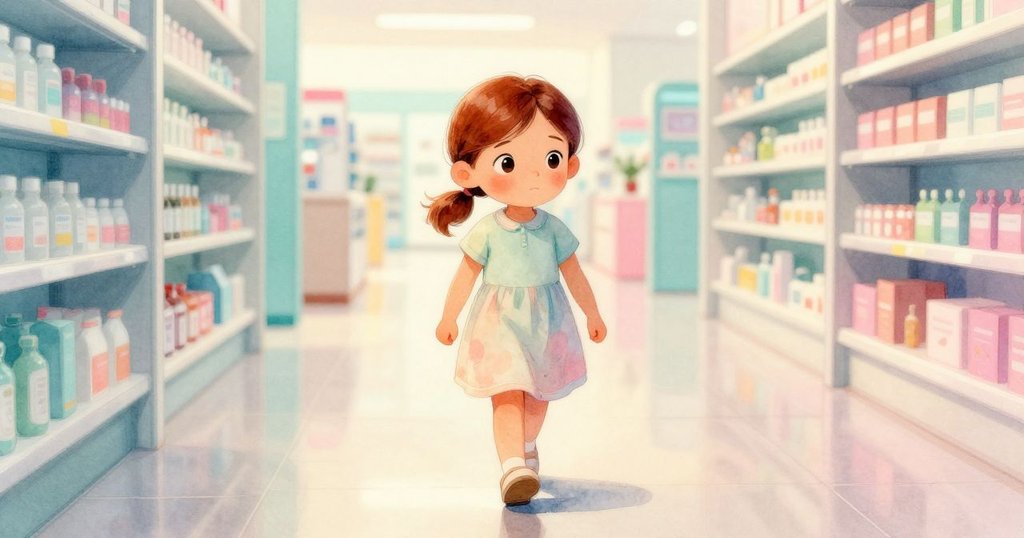 旺達沿著光滑的藥局走廊前行，橡膠鞋底發出微弱聲響，燈光漸變呈現時間變化，展現她穩定步伐