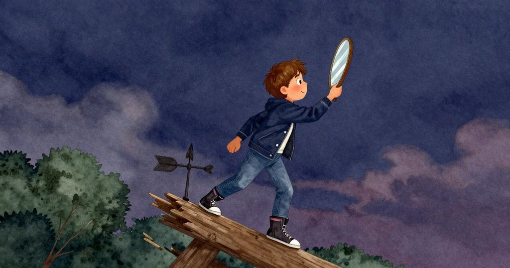 伊萬站在傾斜的天氣甲板上,舉鏡校對風向標,神情專注,背景雲影流動營造神秘氛圍