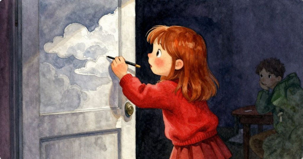 斯特拉透過微開門縫專注描繪雲層,旁有志工靜觀,氛圍溫柔富有好奇心