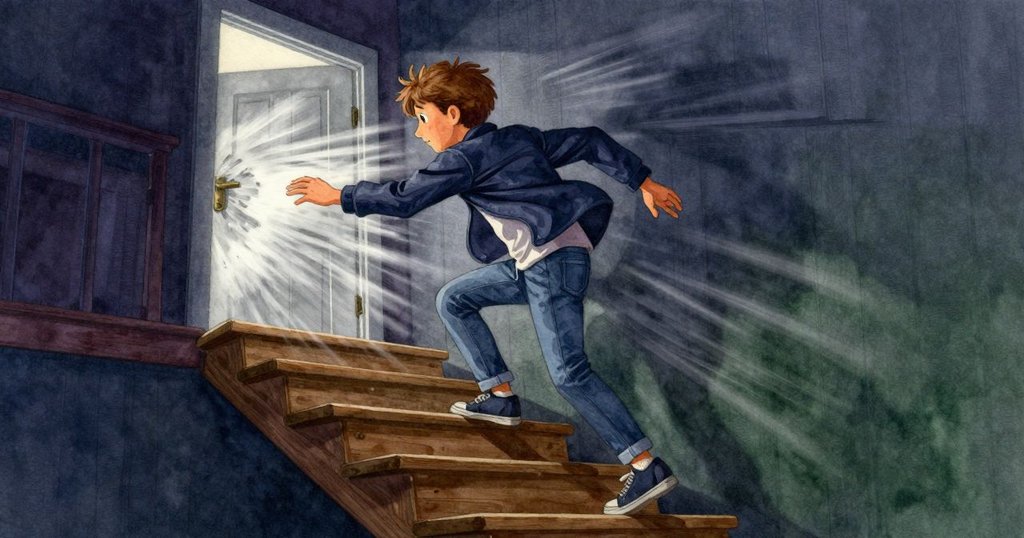 伊萬在嘎吱作響的樓梯上行走,迎面風力猛然關門,表情堅毅且略顯緊張