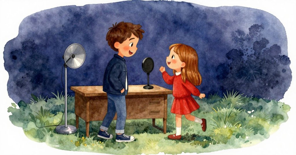 伊萬與斯特拉在記錄桌旁互視會心微笑,室內溫暖光線中風速計靜運,感受成功喜悅