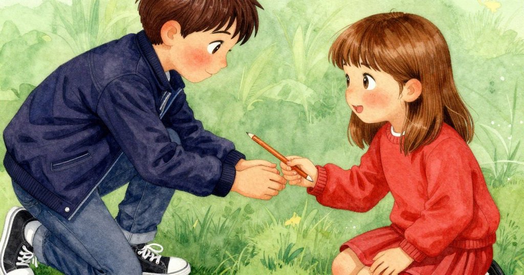 伊萬將輕盈鉛筆遞向斯特拉,雙手交會傳遞合作與感激之情,細節溫柔明亮