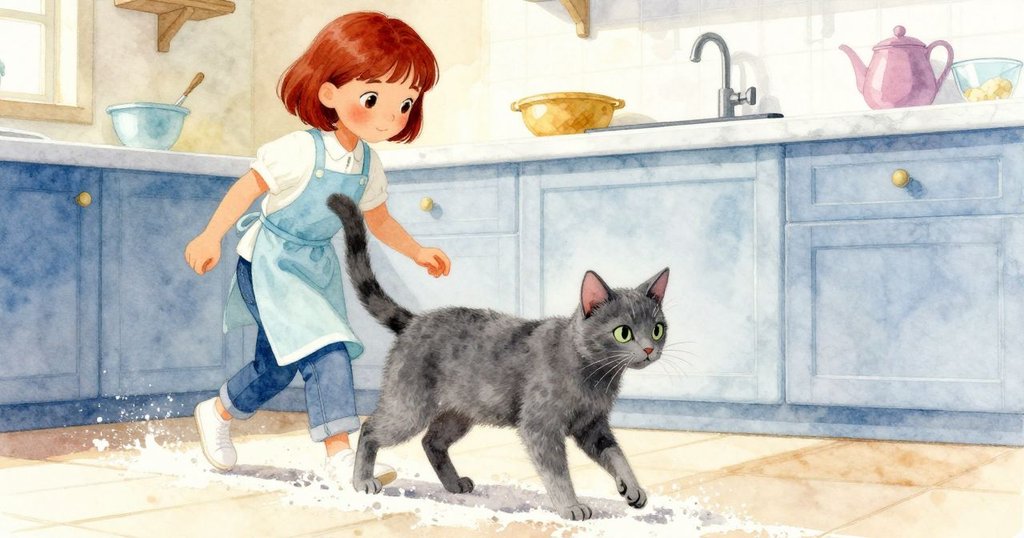 Yara走進藍灰色的小廚房，注意到大理石桌上淡粉色的麵粉旋渦與貓腳印，充滿好奇與驚奇