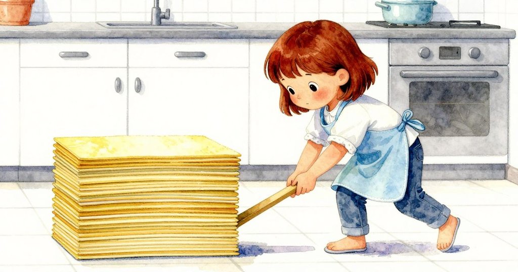 Yara在廚房中小心調整歪斜的可麗餅塔，用舊尺子測量，步伐穩健，表情專注