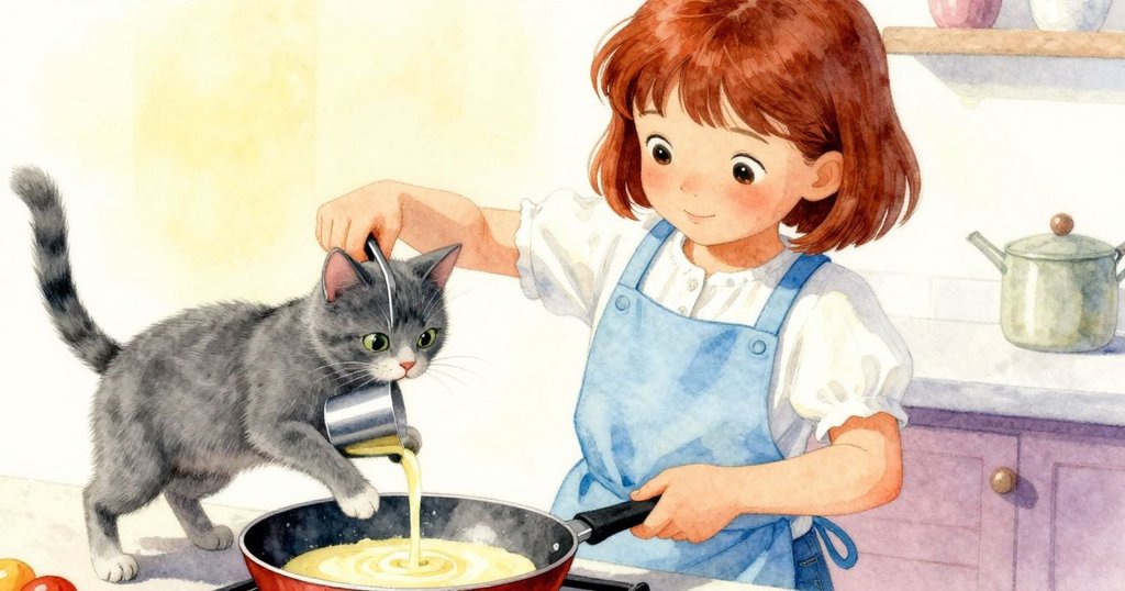 從第一人稱視角看見Yara的手正在倒入麵糊到加熱平底鍋中，注意到中心部分變厚，展現廚房細節