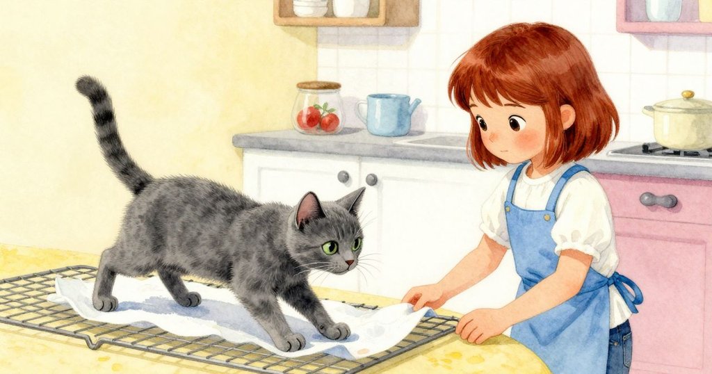 Yara注意到一片可麗餅滑向冷卻架邊緣，貓輕輕甩尾巴引發這幕小戲劇，廚房角落充滿神秘感